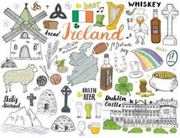 griffonnages de croquis de l'Irlande. Éléments irlandais dessinés à la main avec drapeau et carte de l'Irlande, croix celtique, château, trèfle, harpe celtique, moulin et mouton, bouteilles de whisky et bière irlandaise, illustration vectorielle vecteur