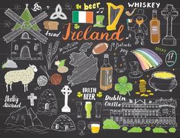 griffonnages de croquis de l'Irlande. Éléments irlandais dessinés à la main avec drapeau et carte de l'Irlande, croix celtique, château, trèfle, harpe celtique, moulin et mouton, bouteilles de whisky et bière irlandaise, illustration vectorielle vecteur