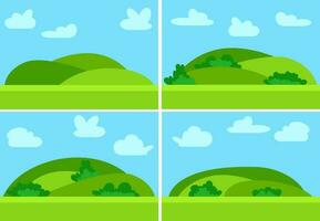 ensemble de quatre images avec Naturel dessin animé paysages dans le plat style avec vert collines, bleu ciel et des nuages à ensoleillé journée. vecteur illustration