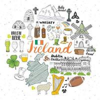 griffonnages de croquis de l'Irlande. Éléments irlandais dessinés à la main avec drapeau et carte de l'Irlande, croix celtique, château, trèfle, harpe celtique, moulin et mouton, bouteilles de whisky et bière irlandaise, illustration vectorielle