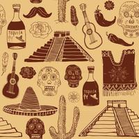 Éléments de doodle modèle sans couture mexique, croquis dessinés à la main chapeau sombrero traditionnel mexicain, poncho, bouteille de cactus et de tequila, carte du mexique, crâne, instruments de musique. fond d'illustration vectorielle. vecteur