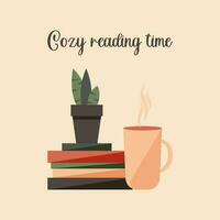 une tasse de thé ou café près une empiler de papier livres. confortable en train de lire à Accueil ou dans le bibliothèque. intérieur plante dans une pot. temps à lis et apprendre. vecteur. vecteur