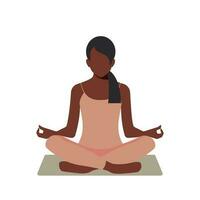 africain américain femme séance dans une lotus position, méditer, content et sentiment super, rayonnant positif féminin énergie et mental santé. yoga entraine toi. vecteur. vecteur