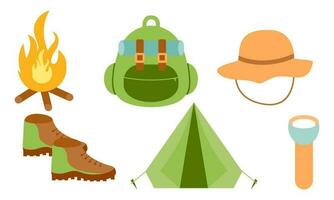 dessin animé camping et randonnée équipement tente et forêt la nature camp logo vecteur
