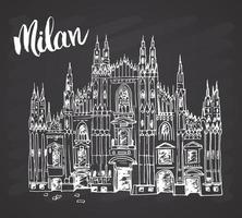 cathédrale duomo à milan, italie. croquis dessiné à la main de la célèbre église italienne avec lettrage milan, illustration vectorielle isolée sur fond blanc. vecteur