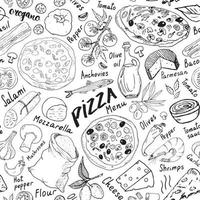 croquis dessinés à la main de modèle sans couture de pizza. pizza doodles fond de nourriture avec de la farine et d'autres ingrédients alimentaires, four et ustensiles de cuisine. illustration vectorielle vecteur