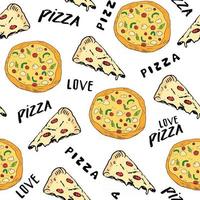 croquis dessinés à la main de modèle sans couture de pizza. pizza entière et tranche de fond de nourriture de griffonnages. illustration vectorielle vecteur