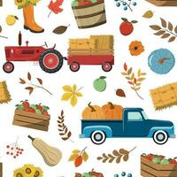 l'automne récolte tracteur et un camion avec citrouilles et forêt feuilles. action de grâces journée thème conception. isolé sur blanc Contexte. vecteur