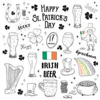 ensemble de doodle dessinés à la main st patricks day, avec leprechaun, pot de pièces d'or, arc-en-ciel, bière, trèfle à quatre feuilles, fer à cheval, harpe celtique et drapeau de l'illustration vectorielle de l'Irlande vecteur
