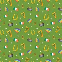 Modèle sans couture de doodle dessinés à la main de la Saint-Patrick, avec chapeau de lutin, pot de pièces d'or, arc en ciel, bière, trèfle à quatre feuilles, fer à cheval, fond d'illustration vectorielle harpe celtique vecteur