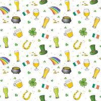 Modèle sans couture de doodle dessinés à la main de la Saint-Patrick, avec chapeau de lutin, pot de pièces d'or, arc en ciel, bière, trèfle à quatre feuilles, fer à cheval, fond d'illustration vectorielle harpe celtique vecteur