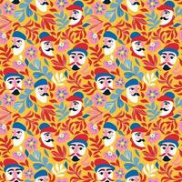 sans couture modèle avec abstrait Masculin visages et rouge et bleu couleurs. vecteur modèle avec masculin visages avec moustache dans abstrait Facile formes sur Jaune Contexte pour textile impressions ou objets