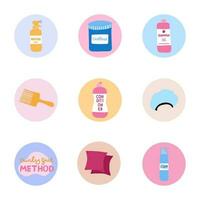 mignonne points forts pour différent social médias, blogueurs et entreprises à propos cosmétique des produits pour frisé fille méthode, frisé cheveux routine. vecteur main tiré cliparts des illustrations dans brillant palette.