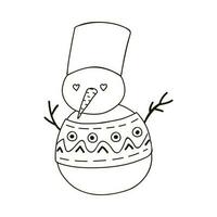 mignonne bonhomme de neige avec yeux dans une forme de cœur, carotte, seau sur le diriger, tricoté chandail avec une scandinave modèle. Noël signe, confortable clipart. vecteur illustration avec main tiré contour isolé.