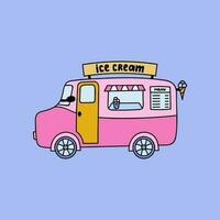 mignonne main tiré rétro la glace crème van. isolé griffonnage sur le blanc Contexte. classique été la glace crème camion. côté vue vecteur illustration. signe de carnaval, enfance, vacances, vacances