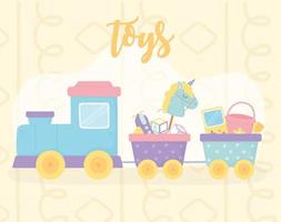jolis wagons de train avec des jouets pour enfants de dessin animé de pelle d'avion de seau de cheval vecteur