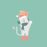 joyeux Noël et content Nouveau année avec mignonne chat et présent cadeau boîte dans le hiver saison vert arrière-plan, plat vecteur illustration dessin animé personnage costume conception