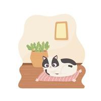 chat de compagnie reposant sur un panier de coussins avec des plantes cartoon vecteur