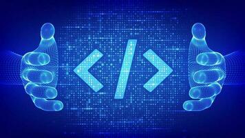 programmation code. codage ou pirate signe. programmation code icône fabriqué avec binaire code dans filaire mains. numérique binaire Les données et numérique code. matrice Contexte avec chiffres 1.0. vecteur illustration.