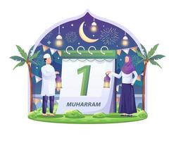 les couples musulmans se préparent pour le nouvel an islamique le 1er de l'illustration vectorielle muharram vecteur