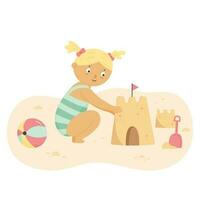 peu fille bâtiment château de sable séance sur été mer rive plage sable. content bébé dessin animé personnage en jouant sur été plage. vacances loisirs. plat vecteur illustration