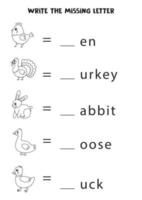 feuille de travail pour les enfants. écrivez la lettre manquante. animaux de ferme en noir et blanc. vecteur