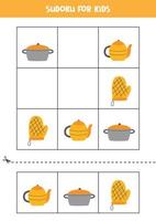 jeu de sudoku pour les enfants avec des articles de cuisine de dessin animé. vecteur