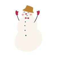 de bonne humeur bonhomme de neige dans chapeau, arc attacher et gants, dessin animé plat vecteur illustration isolé sur blanc Contexte. Noël vacances fête faire la fête. puéril hiver personnage.
