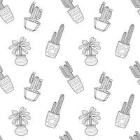 modèle sans couture avec des cactus en pot de contour de doodle dessinés à la main. plante d'intérieur, succulente linéaire. illustration vectorielle noir et blanc sur fond blanc vecteur