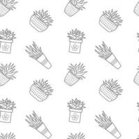 modèle sans couture avec des cactus en pot de contour de doodle dessinés à la main. plante d'intérieur, succulente linéaire. illustration vectorielle noir et blanc sur fond blanc vecteur