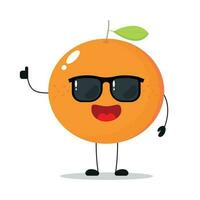 mignonne content Orange personnage porter des lunettes de soleil. marrant Orange saluer ami dessin animé émoticône dans plat style. fruit emoji vecteur illustration