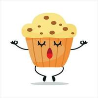 mignonne se détendre muffin personnage. marrant yoga petit gâteau dessin animé émoticône dans plat style. boulangerie emoji méditation vecteur illustration