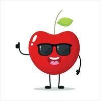 mignonne content Cerise personnage porter des lunettes de soleil. marrant Cerise saluer ami dessin animé émoticône dans plat style. fruit emoji vecteur illustration