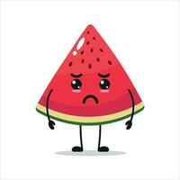 mignonne triste tranche pastèque personnage. marrant malheureux tranche pastèque dessin animé émoticône dans plat style. fruit emoji vecteur illustration