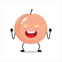 mignonne excité pêche personnage. marrant électrisant pêche dessin animé émoticône dans plat style. fruit emoji vecteur illustration