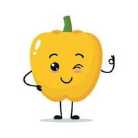 mignonne content Jaune paprika personnage. marrant souriant et cligner paprika dessin animé émoticône dans plat style. légume emoji vecteur illustration