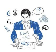 une homme d'affaire dans une bleu costume lit financier nouvelles dans une journal.doodle main tiré sketch.business articles set.vector illustration vecteur