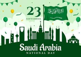 content saoudien Saoudite nationale journée vecteur illustration sur septembre 23 avec agitant drapeau Contexte dans plat dessin animé main tiré atterrissage page modèles