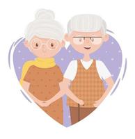 personnes âgées, couple mignon grand-mère et grand-père amoureux des personnages de dessins animés de coeur vecteur