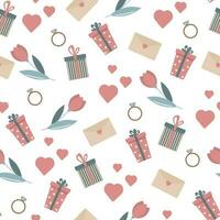 la Saint-Valentin journée modèle dans plat style. traditionnel symboles cœur, anneau, fleur, cadeaux et autres. vecteur illustration