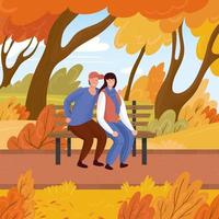 date à l'automne. un couple d'amoureux de jeune homme et une fille sur un banc dans le parc en automne. illustration vectorielle dessinés à la main vecteur