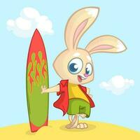 dessin animé lapin surfeur. vecteur illustration de blanc lapin permanent avec le sien planche de surf isolé sur blanc