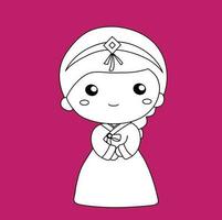 mignonne des gamins portant coréen traditionnel hanbok dessin animé numérique timbre contour vecteur