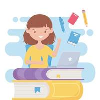 fille étudiante en ligne de l'éducation avec ordinateur portable sur des livres de pile vecteur