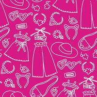 une style contour modèle dans le thème de Barbie tenues sur une rose Contexte. tenues, chapeau, lunettes, sac et autre détails de bijoux pour une fille. impression sur textiles et papier. emballage vecteur