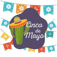 Cinco de mayo cactus avec chapeau pennatns fleurs célébration mexicaine vecteur
