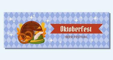 oktoberfest allemand Bière Festival horizontal bannière modèle. conception avec tyrolienne chapeau, fourchette avec grillé saucisse, bretzel, en bois baril, blé et feuilles. lumière bleu rhombe modèle vecteur