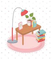 Sweet home livres plante en pot en lampe de table sur tapis vecteur