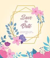 mariage de fleurs, réservez la date, carte de célébration florale d'événement vecteur