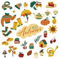 Bonjour, l'automne. une ensemble de l'automne éléments. vecteur illustration de citrouille, parapluie, tarte, champignons, caoutchouc bottes, baies, des fruits, l'automne feuilles et beaucoup plus. une ensemble de autocollants sur le l'automne thème